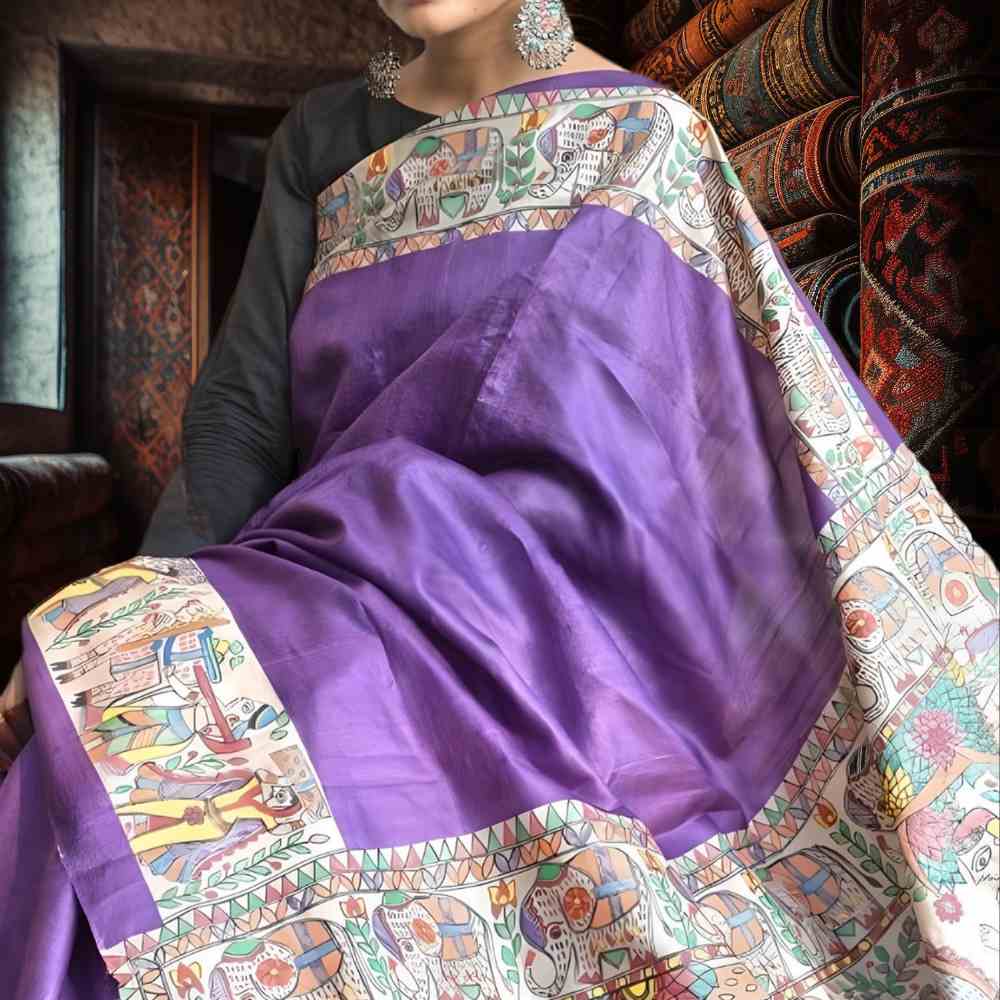 Tussar Saree with Madhubani Bride, Doli, and Kaahar Painting